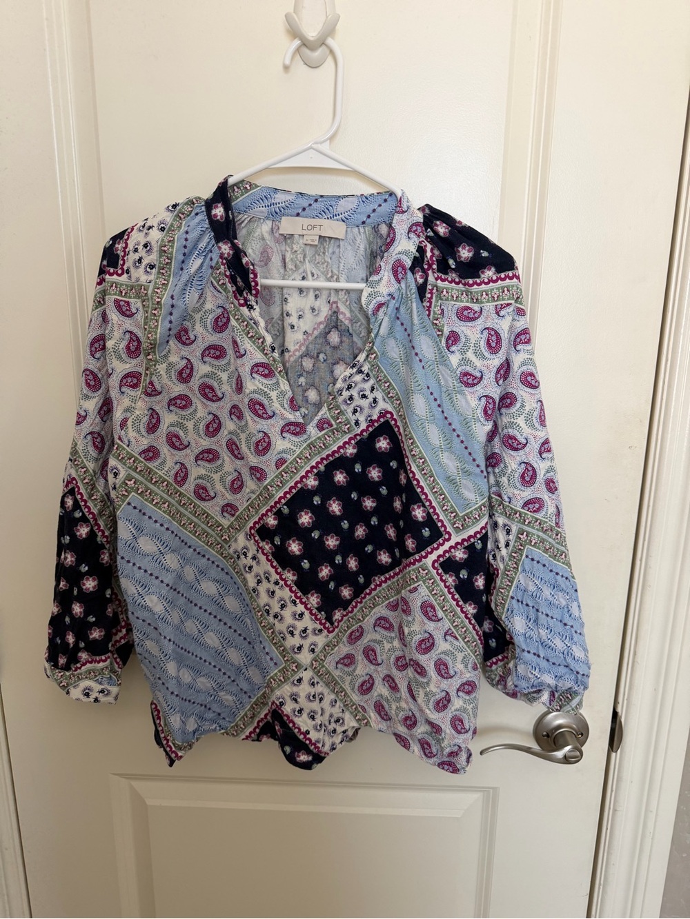 LOFT Patchwork Paisley V-Neck Blouse in Blue, Purple and Black